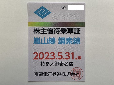 日本値下京福電気鉄道株主優待乗車証 乗車券